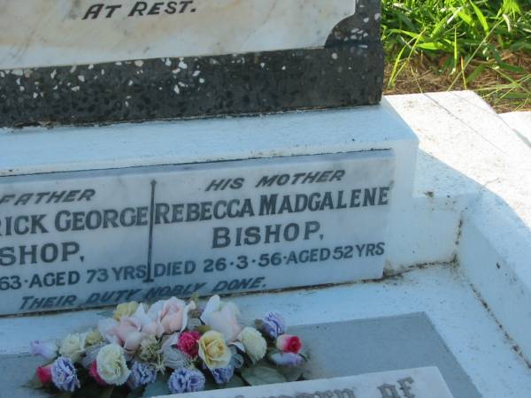 Clive Samuel BISHOP,  | son,  | born 3 June 1935,  | died 20 May 1937 aged 1 year 1 1/2 months;  | Frederick George BISHOP,  | father,  | died 25-2-63 aged 73 years;  | Rebecca Magdalene BISHOP,  | died 26-3-56 aged 52 years;  | Valma Gloria HOOPER,  | born 18-6-24,  | died 23-10-65;  | Alan Leonard Charles HOOPER,  | born 10-3-19,  | died 1-2-78;  | Bald Hills (Sandgate) cemetery, Brisbane  | 