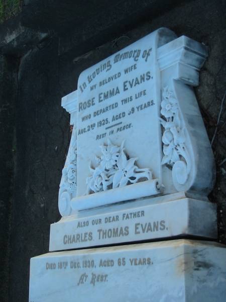 Rose Emma EVANS,  | wife,  | died 2 Aug 1925 aged 59 years;  | Charles Thomas EVANS,  | father,  | died 18 Dec 1930 aged 65 years;  | Bald Hills (Sandgate) cemetery, Brisbane  | 
