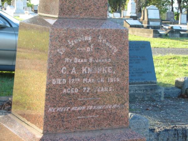 C.A. KNOPKE,  | husband,  | died 12 March 1919 aged 77 years;  | Emelie KNOPKE,  | wife,  | died 5 May 1924 aged 77 years;  | Bald Hills (Sandgate) cemetery, Brisbane  | 