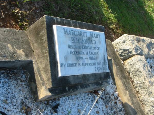 Francis C.V. LAMBART,  | born 11-9-1900,  | died 6-4-1971;  | Flora (nee MACDONALD),  | wife,  | died 3-12-1990;  | Margaret Mary MACDONALD,  | daughter of Roderick & Louisa,  | 1898 - 1982;  | Bald Hills (Sandgate) cemetery, Brisbane  | 