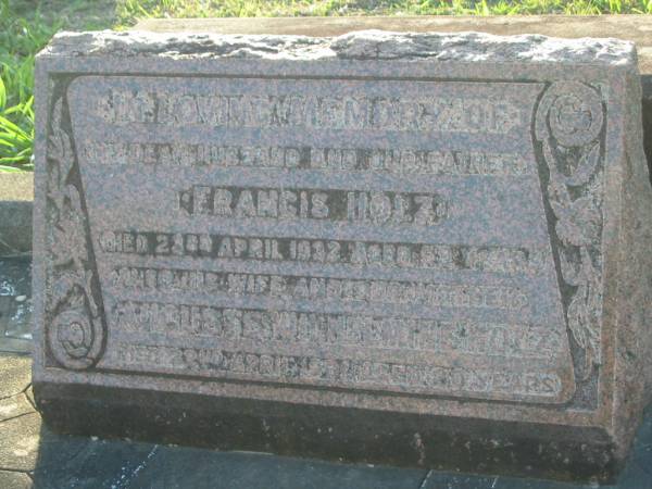 Francis HOLZ,  | husband father,  | died 23 April 1932 aged 59 years;  | Auguste Wilhelmine HOLZ,  | wife mother,  | died 22 April 1961 aged 80 years;  | Bald Hills (Sandgate) cemetery, Brisbane  | 