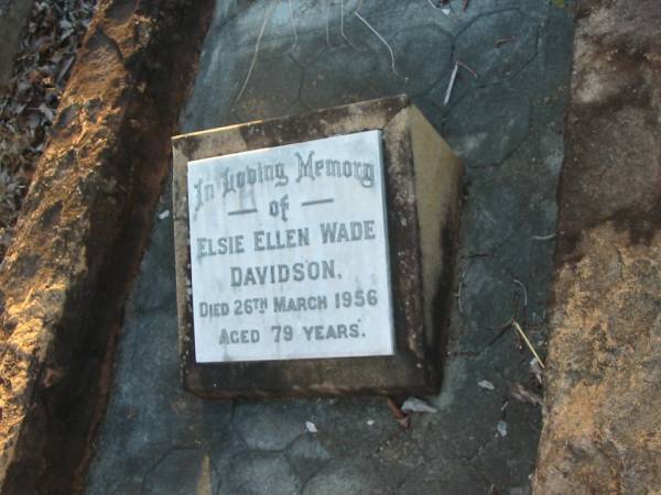 Nugent Montgomerie DAVIDSON,  | died 14 Oct 1928 aged 26 years;  | Guilford Montgomerie DAVIDSON,  | father,  | died 13 May 1943;  | Elise Ellen Wade DAVIDSON,  | died 26 March 1956 aged 79 years;  | Gilian Antil Wade DAVIDSON,  | died 13 Aug 1980 aged 80 years;  | Bald Hills (Sandgate) cemetery, Brisbane  | 