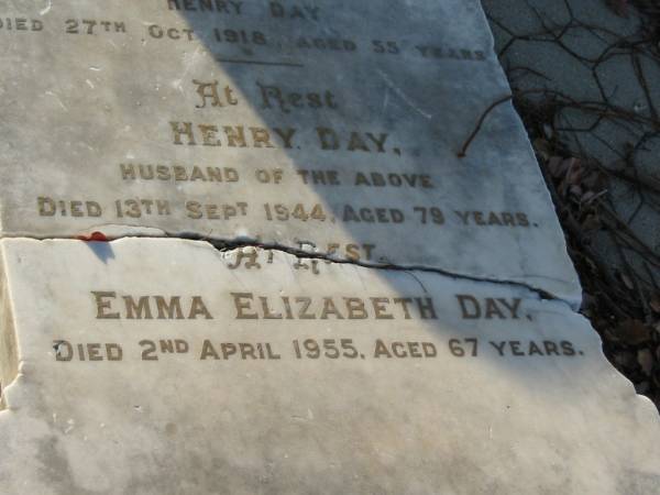 Eleanor,  | wife of Henry DAY,  | died 27 Oct 1918 aged 55 years;  | Henry DAY,  | husband,  | died 13 Sept 1944 aged 79 years;  | Emma Elizabeth DAY,  | died 2 April 1955 aged 67 years;  | Bald Hills (Sandgate) cemetery, Brisbane  | 