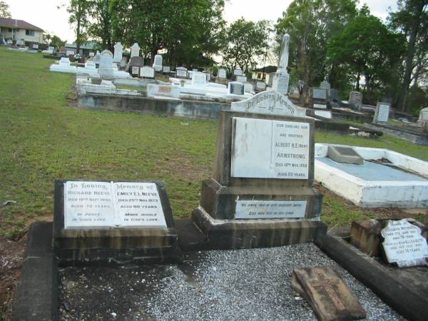 Richard NEEVE,  | died 10 Sept 1965 aged 72 years;  | Emily E.L. NEEVE,  | died 25 Nov 1973 aged 80 years;  | Albert H.E. (Bert) ARMSTRONG,  | son brother,  | died 14 Nov 1950 aged 23 years;  | Bald Hills (Sandgate) cemetery, Brisbane  | Bald Hills (Sandgate) cemetery, Brisbane  | 