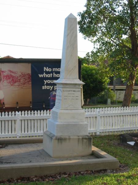 William WALLACE,  | died 9 Dec 1902 aged 74 years;  | Elizabeth Todd,  | wife of William WALLACE,  | died 2 Feb 1931 aged 75 years;  | Elizabeth WALLACE,  | daughter,  | born 20 Aug 1885,  | died 7 July 1927;  | Bald Hills (Sandgate) cemetery, Brisbane  | 