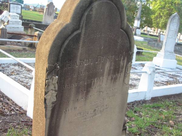 Hardy EUSTACE,  | fourth son of the late Hardy EUSTACE,  | Newstown? Co Cork Ireland,  | died 5? March 1895 aged 52? years;  | Harriette EUSTACE,  | wife,  | born 1862?;  | Bald Hills (Sandgate) cemetery, Brisbane  | 