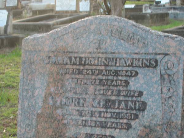 William John HAWKINS,  | died 24 Aug 1947 aged 72 years;  | Florence Jane,  | wife,  | died 28 Nov 1961 aged 83 years;  | Bald Hills (Sandgate) cemetery, Brisbane  | 