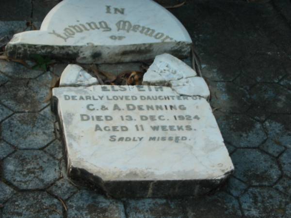 Ann Amelia,  | wife of H. DENNING,  | died 6 Dec 1924 aged 69 years;  | Henry DENNING,  | husband,  | died 28 June 1937 aged 91 years;  | Elspeth,  | daughter of C. & A. DENNING,  | died 13 Dec 1924 aged 11 weeks;  | Bald Hills (Sandgate) cemetery, Brisbane  | 