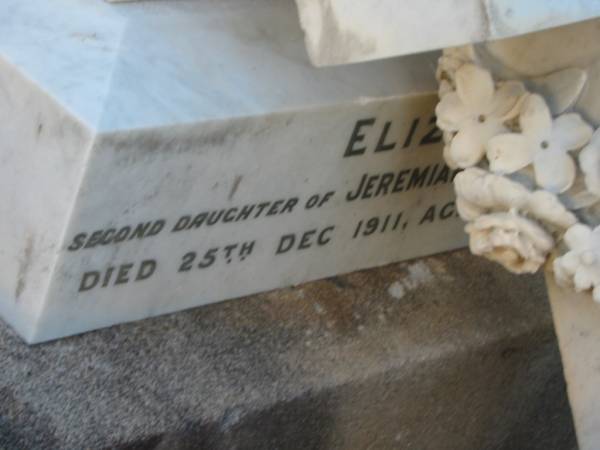 Eliza,  | widow of Jeremiah DALY,  | late of Brisbane,  | died Sandgate 27 Jan 1892 aged 77 years;  | Thomas William DALY,  | died 3 Feb aged 49 years;  | Eliza,  | second daughter of Jeremiah & Eliza DALY,  | died 25 Dec 1911 aged 62 years;  | Bald Hills (Sandgate) cemetery, Brisbane  | 