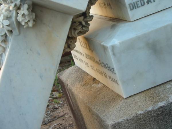 Eliza,  | widow of Jeremiah DALY,  | late of Brisbane,  | died Sandgate 27 Jan 1892 aged 77 years;  | Thomas William DALY,  | died 3 Feb aged 49 years;  | Eliza,  | second daughter of Jeremiah & Eliza DALY,  | died 25 Dec 1911 aged 62 years;  | Bald Hills (Sandgate) cemetery, Brisbane  | 