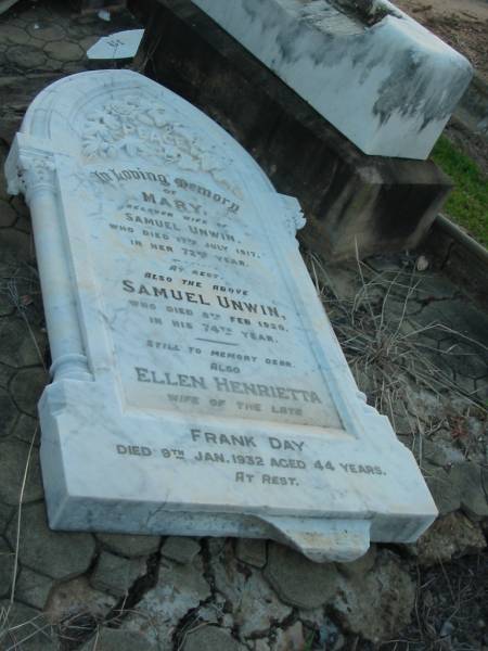 Eliza Ann BUNDY,  | mother,  | died 27 Sept 1937 aged 64 years;  | Mary,  | wife of Samuel UNWIN,  | died 17 July 1917 in 72nd year;  | Samuel UNWIN,  | died 8 Feb 1920 in 74th year;  | Ellen Henrietta,  | wife of late Frank DAY,  | died 9 Jan 1932 aged 44 years;  | Margaret Dothorty,  | wife of David UNWIN,  | died 14 Jan 1915? aged 39 years;  | Elizabeth Virtue UNWIN,  | died 20 June 1949 aged 72 years;  | Bald Hills (Sandgate) cemetery, Brisbane  | 