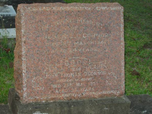 Jessie E. O'CONNOR,  | died 12 March 1941 aged 24 years;  | John Thomas O'CONNOR,  | husband,  | died 23 May 1951 aged 35? years;  | Bald Hills (Sandgate) cemetery, Brisbane  | 