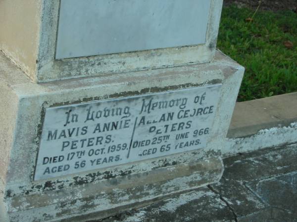 James YOUNG,  | father,  | died 11 May 1922 aged 50 years;  | Elizabeth YOUNG,  | mother,  | died 15 Nov 1942 aged 68 years;  | Mavis Annie PETERS,  | died 17 Oct 1959 aged 56 years;  | Allan George PETERS,  | died 25 June 1966 aged 65 years;  | Bald Hills (Sandgate) cemetery, Brisbane  | 