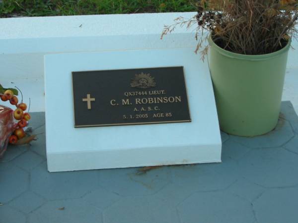 C.M. ROBINSON,  | died 5-1-2005 aged 85 years;  | William ROBINSON,  | died 16 March 1927 aged 51 years;  | Australia,  | wife,  | died 1 Feb 1929 aged 48 years;  | Clifford Norman ROBINSON,  | died 4 March 1925 aged 9 1/2 years;  | Bald Hills (Sandgate) cemetery, Brisbane  | 