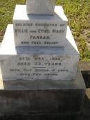 Lorna,
daughter of Willie & Ethel Mary FARRAR,
died 27 Dec 1932 aged 33 years;
Ethel Mary,
died 18 June 1941 in her 69th year;
Willie,
died 10 May 1948 in his 76th year;
Bald Hills (Sandgate) cemetery, Brisbane