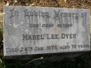 Betty M. DYER,
died 16 Feb 1932 aged 10 years;
Edward Victor Herbert DYER,
husband father,
died 19 Aug 1972 aged 82 years;
Mabel Lee DYER,
mother,
died 24 Jan 1975 aged 79 years;
Bald Hills (Sandgate) cemetery, Brisbane