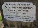 Cecil Norman BENTON,
died 1 Nov 1926 aged 31 years,
loved by mother;
Bald Hills (Sandgate) cemetery, Brisbane