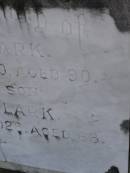 Lewis CLARK,
died 31 May 1930 aged 90 years;
Thomas CLARK,
son,
died 27 Sept 1928 aged 68 years;
Bald Hills (Sandgate) cemetery, Brisbane