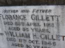 Florance GILLETT,
mother,
died 28 April 1918 aged 56 years;
William H. GILLETT,
father,
died 11 Oct 1945 aged 80 years;
Bald Hills (Sandgate) cemetery, Brisbane