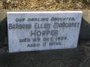Barbara Ellen Margaret HOPPER,
daughter,
died 18 Oct 1938 aged 11 months;
Bald Hills (Sandgate) cemetery, Brisbane