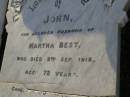 John,
husband of Martha BEST,
died 9 Sept 1915 aged 72 years;
Martha BEST,
died 21 March 1927 aged 87 years;
Herbert Joseph BEST,
26-6-1870 - 24-4-1960;
Grace Harriet BEST,
9-4-1884 - 6-8-1964,
ashes scattered;
Gordon William BARNFIELD,
5-5-1923 - 18-8-2001;
Dorothea BARNFIELD,
1-10-1920 - 25-6-2004,
ashes scattered;
Bald Hills (Sandgate) cemetery, Brisbane