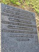 Charles Lawson CLARK,
died 13 June 1953 aged 73 years;
Christina,
wife,
died 14 Feb 1955 aged 77 years;
Annie,
daughter,
died 7 June 1911 aged 2 years;
Ross W.H. CLARK,
1911-1989;
Bald Hills (Sandgate) cemetery, Brisbane