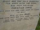 Fredrick EHRENREICH,
died 29 July 1898 aged 66 years;
Rachel EHRENREICH,
wife,
died 17 May 1910 aged 80 years;
Christian EHRKE,
son-in-law,
died 5 Sept 1926 aged 77 years;
Mary,
wife,
died 29 Dec 1937 aged 79 years;
Bald Hills (Sandgate) cemetery, Brisbane