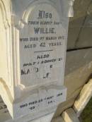 sons of William & Mary STANLEY;
Arthur,
died from an accident 16 May 1899 aged 19 years;
Edward,
died from an accident 14 Feb 1909 aged 21 years;
Willie,
eldest son,
died 1 March 1917 aged 42 years;
Maude Eveline FARLEY,
third daughter,
died 25 May 1969 aged 86 years;
William,
husband of Mary STANLEY,
died 8 March 1919 aged 67 years;
Mary Ann STANLEY,
wife mother,
died 26 July 1951 aged 97 years;
Bald Hills (Sandgate) cemetery, Brisbane