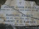 Johann Jakob KAESER,
born 15 Nov 1838,
died 8 March 1916;
Karoline KAESER,
born 18 Jan 1845,
died 18 May 1925?;
Albert E.O. KAESER,
born 15 May 1872,
died 26 April 1968?;
Bald Hills (Sandgate) cemetery, Brisbane