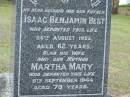 Isaac Benjamin BEST,
husband father,
died 26 Aug 1925 aged 62 years;
Martha Mary,
wife mother,
died 8 Sept 1944 aged 78 years;
Bald Hills (Sandgate) cemetery, Brisbane