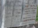 Emily FREEMAN,
sister,
died 15 Feb 1940;
Charles FREEMAN,
husband,
died 16 June 1924 aged 77 years;
Winifred FREEMAN,
sister,
died 7 Aug 1939;
Annie FREEMAN,
mother,
died 13 Aug 1932 aged 83 years;
Elizabeth FREEMAN,
sister,
died 3 April 1933;
Bald Hills (Sandgate) cemetery, Brisbane