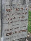 Emily FREEMAN,
sister,
died 15 Feb 1940;
Charles FREEMAN,
husband,
died 16 June 1924 aged 77 years;
Winifred FREEMAN,
sister,
died 7 Aug 1939;
Annie FREEMAN,
mother,
died 13 Aug 1932 aged 83 years;
Elizabeth FREEMAN,
sister,
died 3 April 1933;
Bald Hills (Sandgate) cemetery, Brisbane