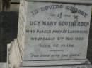 Mary Elizabeth SOUTHERDEN,
wife of Edward Barton SOUTHERDEN of
Langholme Sandgate,
died Narangba Friday 20 July 190 aged 67 years;
Edward Barton SOUTHERDEN,
born 24 Nov 1830 Isle of Thanet,
died Langholme Sandgate 17 Dec 1906;
Charles Benjamin,
son,
died 18 March 1930 aged 56 years;
Edward Barton SOUTHERDEN,
29 April 1859 - 26 March 1944;
Frances,
wife,
11 March 1864 - 19 July 1942;
Dora,
daughter,
15-3-90 - 25-4-71;
Vera,
daughter,
15-9-88 - 21-7-77;
Lucy March SOUTHERDEN,
died Langholme Wed 6 May 1903 aged 46 years;
Edith Ada,
sister,
died 11 Aug 1914 aged 44 years,
interred Rugby Cemetery England;
Annie C. SOUTHERDEN,
died 16 Nov 1938;
Bald Hills (Sandgate) cemetery, Brisbane