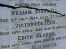 Frank RAYMOND,
died 12 Aug 1891 aged 46 years;
Elizabeth,
wife,
died 22 Feb 1908 aged 59 years;
children;
William Stanwell,
died 11 July 1897 aged 27 years;
Victor Deagon,
died 26 April 1882 aged 18 months;
Edith Gladys,
died 14 April 1886 aged 18 months;
Elizabeth,
relict of William RAYMOND,
of Weston Dorset England,
mother of Frank RAYMOND,
born 23 April 1823,
died 23 Aug 1914?;
Millicent RAYMOND,
died 2 July 1931 aged 63 years;
Catherine Ann,
wife of William GIRLING,
died 14 Nov 1865 aged 21 years;
Mary Smith DEAGON,
died 27 Nov 1866 aged 20 years;
Bald Hills (Sandgate) cemetery, Brisbane