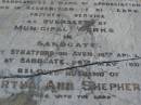 Hezekiah SHEPHERD,
husband of Martha Ann SHEPHERD,
21 years overseer of municipal works,
born Stratford-on-Avon 16 April 1838,
died Sandgate 29 Mary 1901;
Martha Ann SHEPHERD,
1851 - 1920;
Bald Hills (Sandgate) cemetery, Brisbane