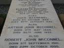 Amelia Elizabeth,
wife of John MCCONNEL,
of Durundur,
born 3 Dec 1827,
died 2 June 1877;
Elizabeth BUNTING,
mother,
born 7 Sept 1792,
died 1 July 1877;
John MCCONNEL,
born 3 Oct 1806
died 27 Jan 1899;
Arthur John MCCONNEL,
born 17 May 1856,
died 20 June 1937;
Robert John MCCONNEL,
born 5 Sept 1910
died 22 Oct 1999;
Bald Hills (Sandgate) cemetery, Brisbane