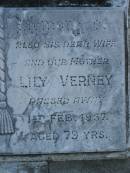 Stella VERNEY,
died 24 Jan 1919 aged 1 year 9 months;
William VERNEY,
husband father,
died 29 April 1965 aged 85 years 10 months;
Lily VERNEY,
wife mother,
died 1 Feb 1967 aged 79 years;
Bald Hills (Sandgate) cemetery, Brisbane