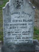 Hermann Carl August ROJAHN,
died 12 Aug 1949 aged 78 years;
Bertha ROJAHN,
died 14 Dec 1960 aged 78 years;
Elsie Bertha ROJAHN,
died 21 Sept 1916 aged 5 years;
George Carl ROJAHN,
died 22 June 1955 aged 41 years;
Bald Hills (Sandgate) cemetery, Brisbane