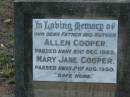 Allen COOPER,
father,
died 21 Dec 1928;
Mary Jane COOPER,
mother,
died 21 Aug 1950;
Bald Hills (Sandgate) cemetery, Brisbane