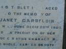 James CARSELDINE,
died 2 March 1902 aged 57 years;
Janet CARSELDINE,
wife,
died 28 Dec 1907 in 59th year;
Arthur Edwin CARSELDINE,
died 14 July 1908 aged 21 years 2 months;
Eva CARSELDINE,
sister,
died 25 July 1942 aged 61 years;
Mary Ann CARSELDINE,
born 6 June 1812,
died 18 Sept 1880 aged 68 years;
William CARSELDINE,
died 6 July 1886 aged 70 years;
Bald Hills (Sandgate) cemetery, Brisbane