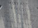James CARSELDINE,
died 2 March 1902 aged 57 years;
Janet CARSELDINE,
wife,
died 28 Dec 1907 in 59th year;
Arthur Edwin CARSELDINE,
died 14 July 1908 aged 21 years 2 months;
Eva CARSELDINE,
sister,
died 25 July 1942 aged 61 years;
Mary Ann CARSELDINE,
born 6 June 1812,
died 18 Sept 1880 aged 68 years;
William CARSELDINE,
died 6 July 1886 aged 70 years;
Bald Hills (Sandgate) cemetery, Brisbane
