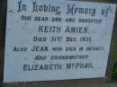 Keith AMIES,
son,
died 31 Dec 1939;
Jean,
daughter,
died in infancy;
Elizabet MCPHAIL,
grandmother;
Bald Hills (Sandgate) cemetery, Brisbane