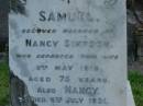 Samuel,
husband of Nancy SIMPSON,
died 3 May 1915 aged 75 years;
Nancy,
died 6 July 1931 aged 88 years;
Annie Elizabeth SIMPSON,
daughter sister,
died 7 May 1942 aged 71 years;
Mary Agnes SIMPSON,
died 18 Aug 1944 aged 73 years;
Jane SIMPSON,
died 2 May 1963 aged 88 years;
Bald Hills (Sandgate) cemetery, Brisbane