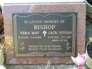 Very May BISHOP,
3-9-1922 - 1-6-2005;
Jack Vivian BISHOP,
17-2-1920 - 17-1-1987,
ashes at sea;
Bald Hills (Sandgate) cemetery, Brisbane