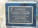 Frederick Norman GASKELL,
3-8-1913 - 10-5-2002;
Alice Beryl GASKELL,
wife,
29-4-1915 - 6-7-2002;
Bald Hills (Sandgate) cemetery, Brisbane