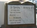 Alicia SCHEUER,
wife mother,
died 9 July 1953 aged 66 years;
Bald Hills (Sandgate) cemetery, Brisbane