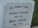 Francis Richard HAMER,
1893 - 1951;
Mona Lurline HAMER,
1892 - 1987;
Bald Hills (Sandgate) cemetery, Brisbane