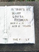 William Frederick REDMAN,
died 15 Feb 1943 aged 66 years;
Mary Louisa REDMAN,
died 5 Jan 1936 aged 54 years;
Bald Hills (Sandgate) cemetery, Brisbane