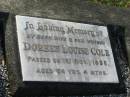 Doreen Louise COLE,
wife mother,
died 1 Nov 1958 aged 54 years 4 months;
Bald Hills (Sandgate) cemetery, Brisbane