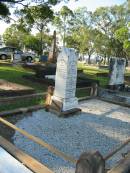 Annie,
wife of W.A. WILSON,
born 22 April 1855,
died 10 Feb 1927;
Mary Jane Stuart ABELL,
infant granddaughter of W.A. & Annie WILSON,
died 11 March 1933;
William Albert WILSON,
born Barnsley Yorkshire England 7 Nov 1855,
died Sandgate 24 June 1943;
Mary,
eldest daughter of W.A. & Annie WILSON,
born Tarong Station 6 Sept 1879,
died Brisbane 12 July 1949;
Evelyn A. WILSON,
daughter of W.A. & A. WILSON,
1884 - 1986;
Alice,
wife of Harold B. WILSON,
died 20 July 1936 aged 35 years;
Bald Hills (Sandgate) cemetery, Brisbane